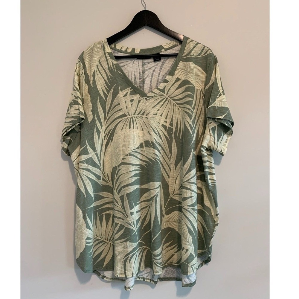 Tahari Womens 3X‎ Tropical Palm Leaf 100% Cotton V-Neck Top Shirt New